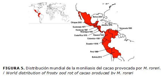 FIGURA 5. Distribución mundial de la moniliasis del cacao provocada por M. roreri. / World distribution of frosty pod rot of cacao produced by M. roreri