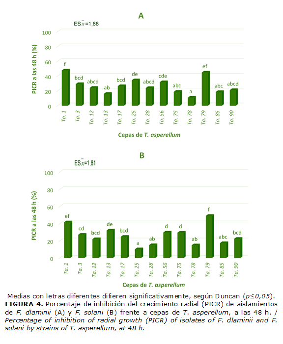 FIGURA 4. Porcentaje de inhibición del crecimiento radial (PICR) de aislamientos de F. dlaminii (A) y F. solani (B) frente a cepas de T. asperellum, a las 48 h. / Percentage of inhibition of radial growth (PICR) of isolates of F. dlaminii and F. solani by strains of T. asperellum, at 48 h.