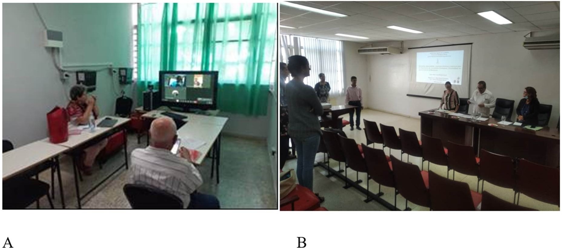 Imágenes que acreditan el desarrollo de defensas de Tesis Doctorales en las modalidades A) a distancia u on line y B) presencial. / Images accrediting the defense development of Doctoral Theses in the modes A) distance learning or on line and B) in person.